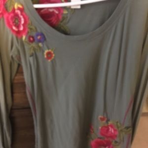 Sundance Olive Green Long Sleeve Top with Pink & Purple Floral Embroidery